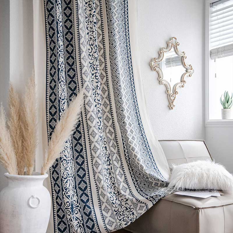 Ownkoti Cotton Linen Blue Pattern Curtain - image 1