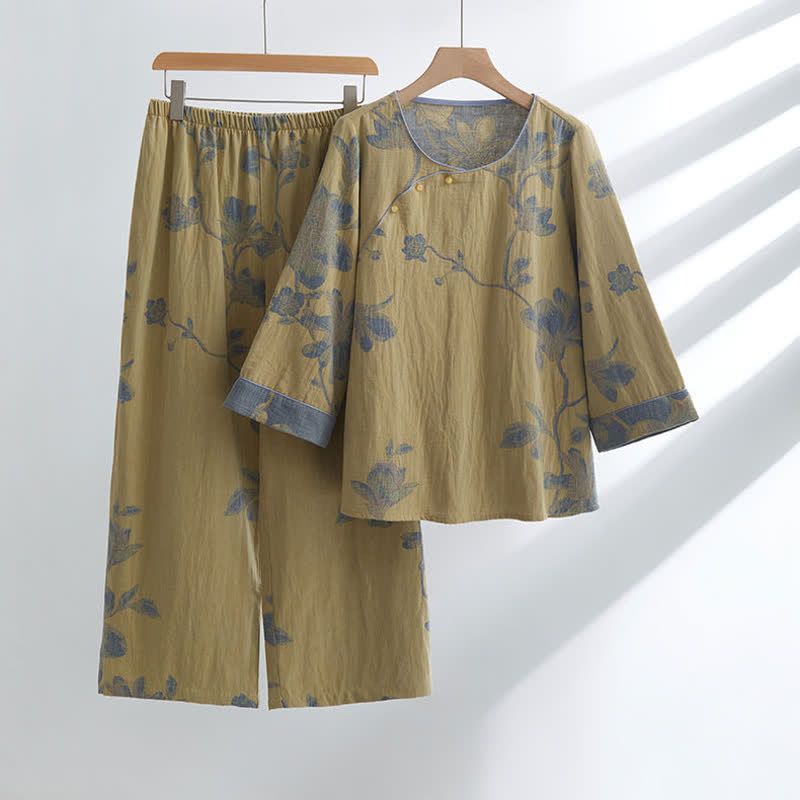 Ownkoti Floral Comfy Cotton Round-neck Loungewear Set - Yellow - XL - image 1