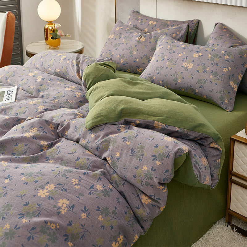 Ownkoti Pastoral Flower Leaf Cotton Reversible Bedding - Sheet - Purple - King - image 0