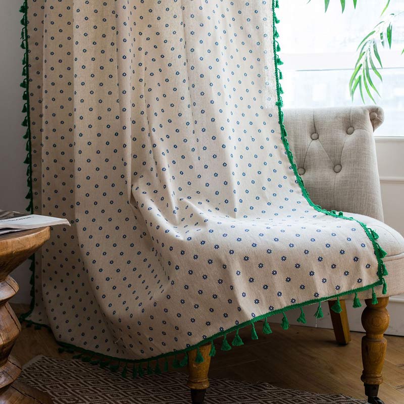 Ownkoti Blue Daisy Green Brim Cotton Curtain - Hook - 59"W x 102"L - image 0