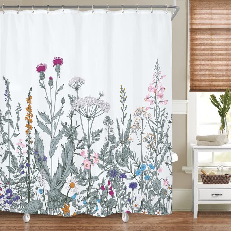 Ownkoti Pastoral Style Plants Waterproof Shower Curtain White & Gray Green