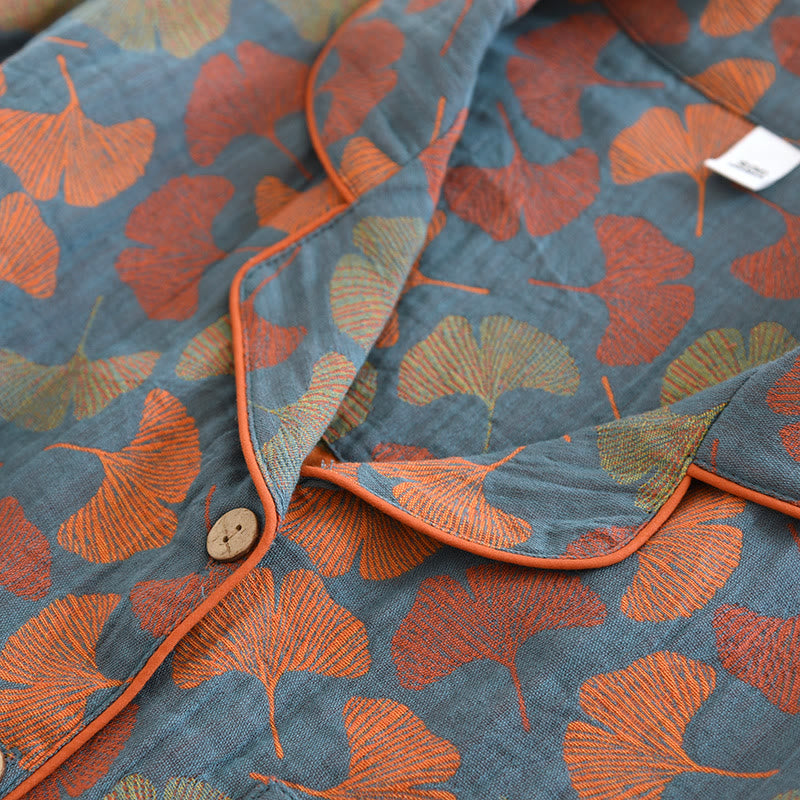 Ownkoti Ginkgo Leaf Button Cotton Loungewear Set - image 2