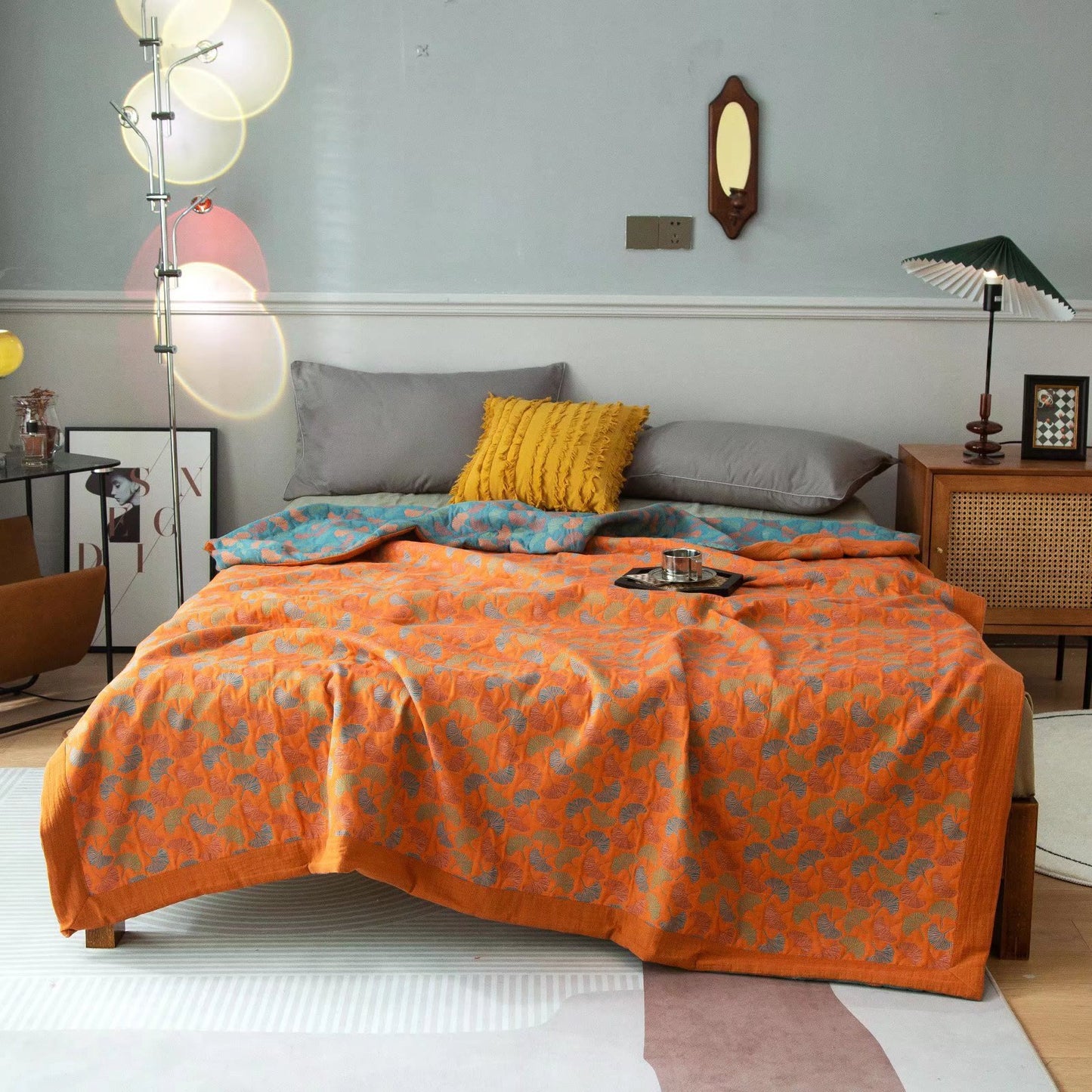 Ownkoti Ginkgo Leaf Print Cotton Reversible Quilt - Orange & Blue - 2PCS Pillowcases: 19" x 29" - image 0