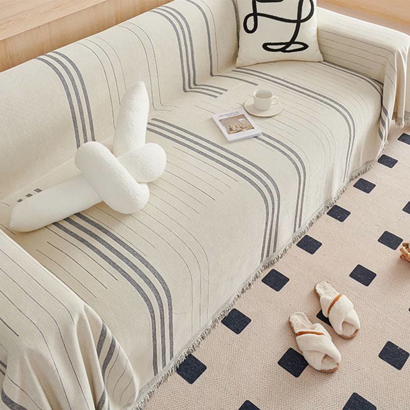 Ownkoti Straight Stripe Chenille Tassel Sofa Protector