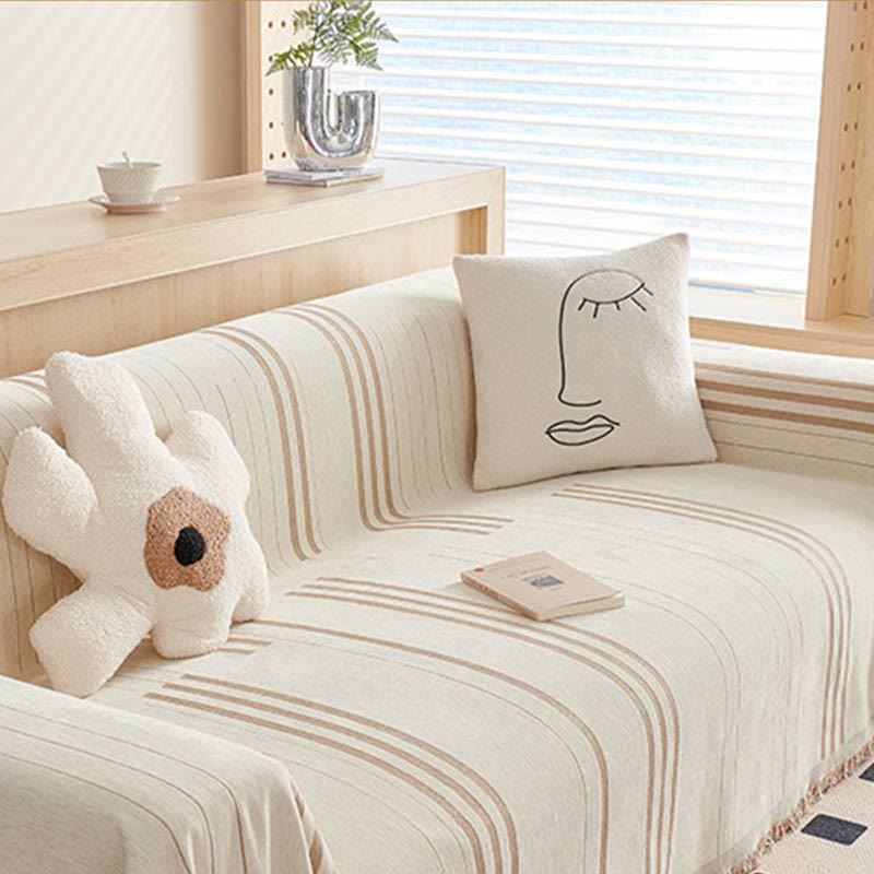 Ownkoti Straight Stripe Chenille Tassel Sofa Protector