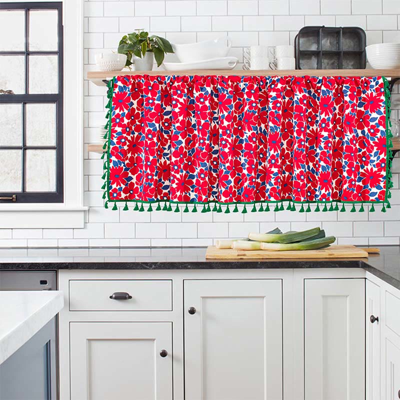 Ownkoti Red Flower Print Tassel Tier Curtain - image 5
