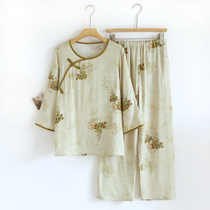 Ownkoti Retro Floral Bamboo Fiber Pajama Set - Green - XL - image 0