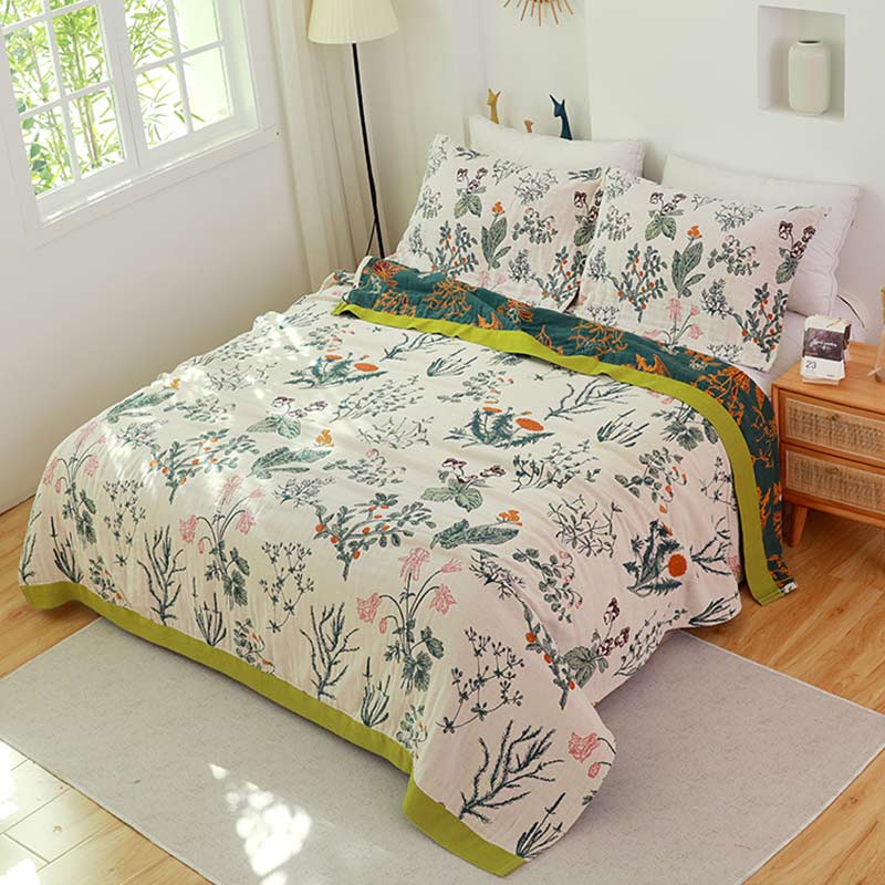 Ownkoti Flower Plant Cotton Reversible Soft Quilt - As Picture - King - image 0