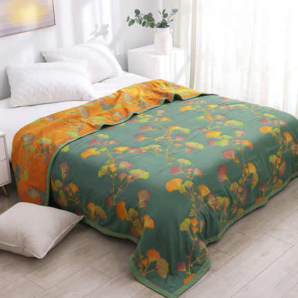 Ownkoti Ginkgo Leaf Jacquard Cotton Reversible Quilt - Green & Orange - King - image 0